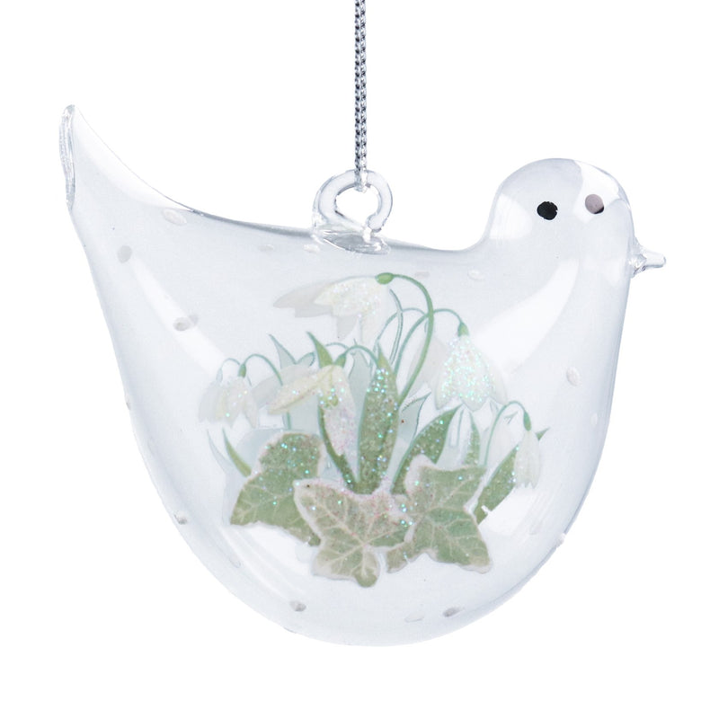 Clear Snowdrops & Ivy Glass Bird