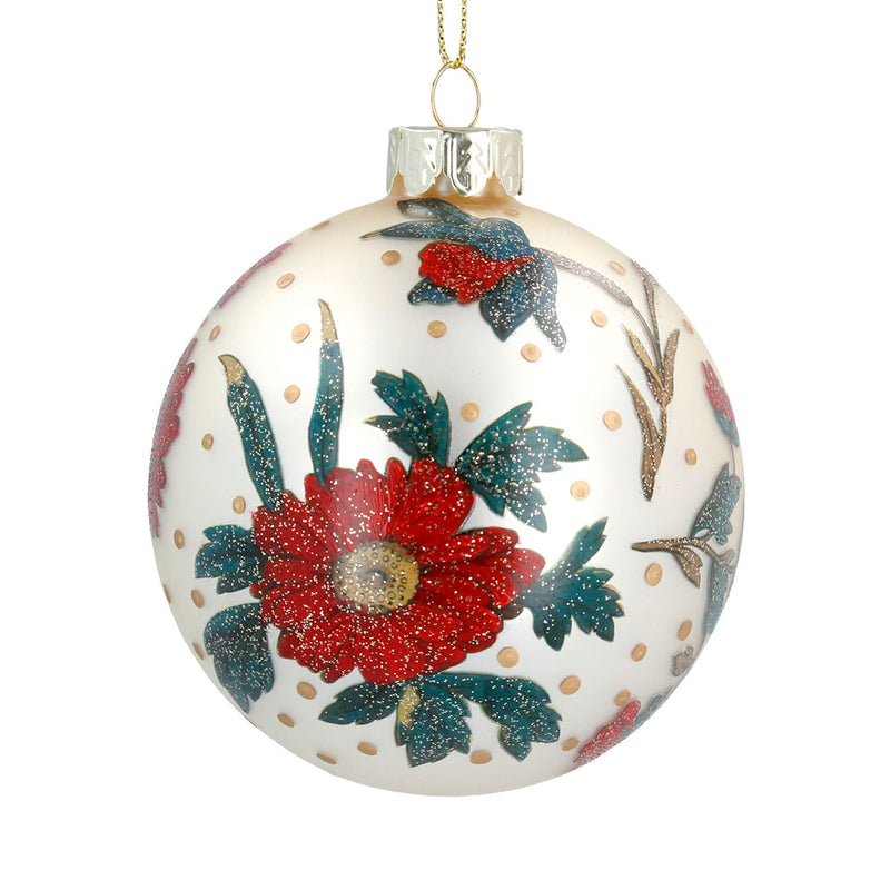 Matt Cream Glass Ball with Painted Red Christmas Rose and Leaves Decoration