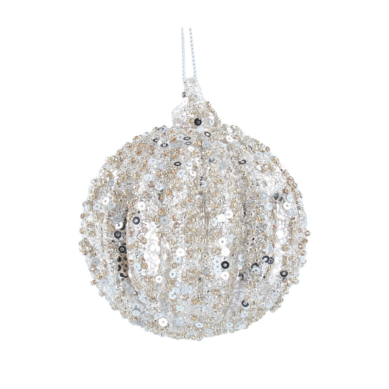 Silver Glitter Ribbed Glass Bauble