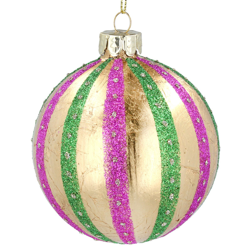 Gold Purple and Green Green Matt/Glitter Stripe Glass Bauble