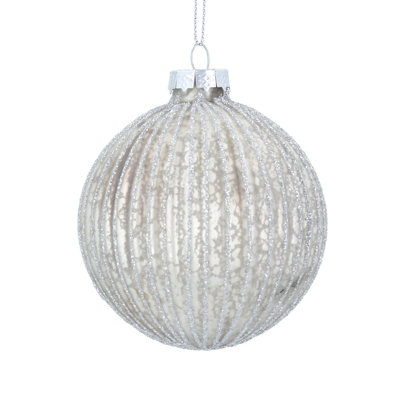 Glass Bauble 8cm - Matt Silver Glitter Ribbed