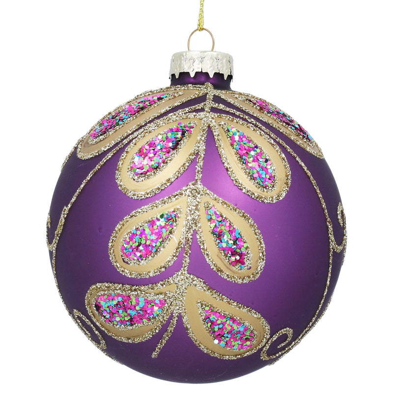 Purple Glass Ball with Gold Peacock Leaves
