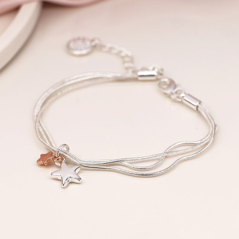 ROSE GOLD & SILVER PLATED STARS ON 3 CHAINS BRACELET