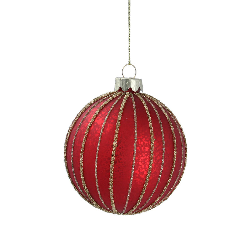 Antique Matt Red Glass Ball with Gold Glitter Stripes