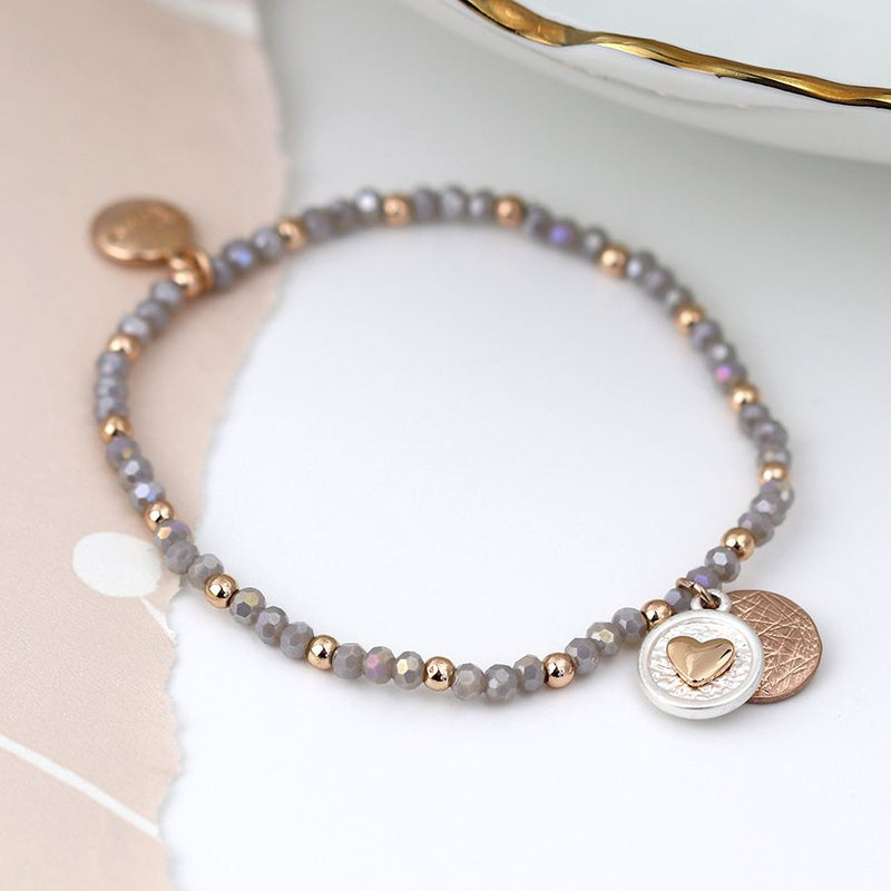 Rose Gold Scratch Disc Heart Disc Grey Bead Bracelet
