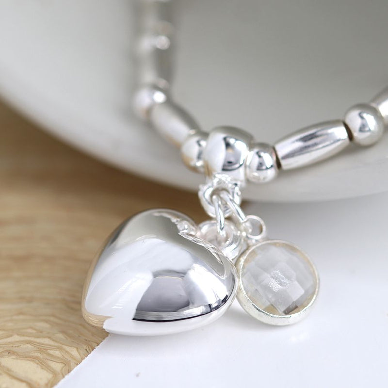 Silver plated stretch bracelet with crystal and heart charm