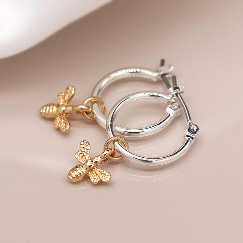 Silver plated hoop earrings with golden bee charm