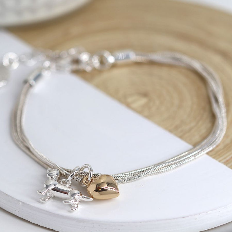 Silver plated triple strand golden heart and dachshund bracelet