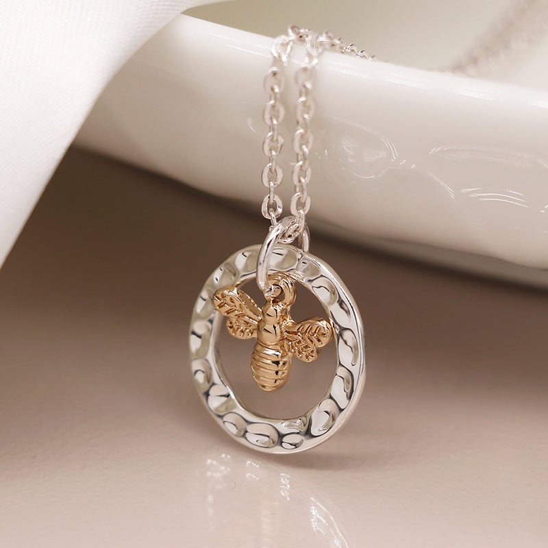 Silver plated hammered hoop and golden bee necklace