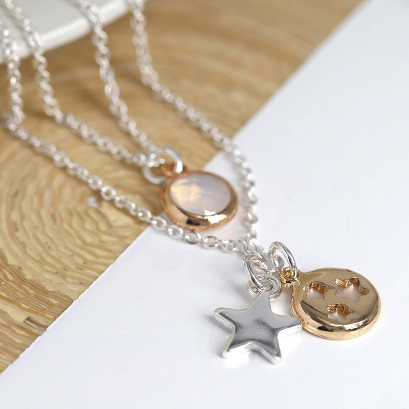 Silver plated double layer stars and crystal charm necklace