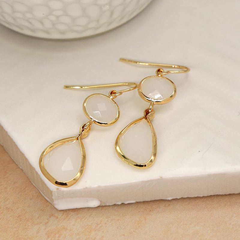 Golden and smoky white crystal double drop earrings