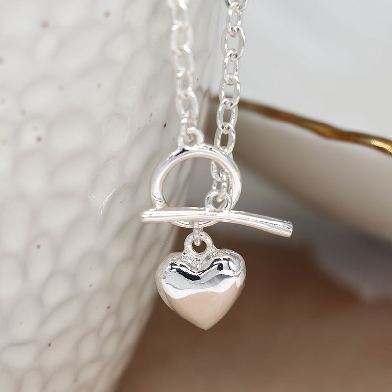 Silver plated T-Bar and heart necklace