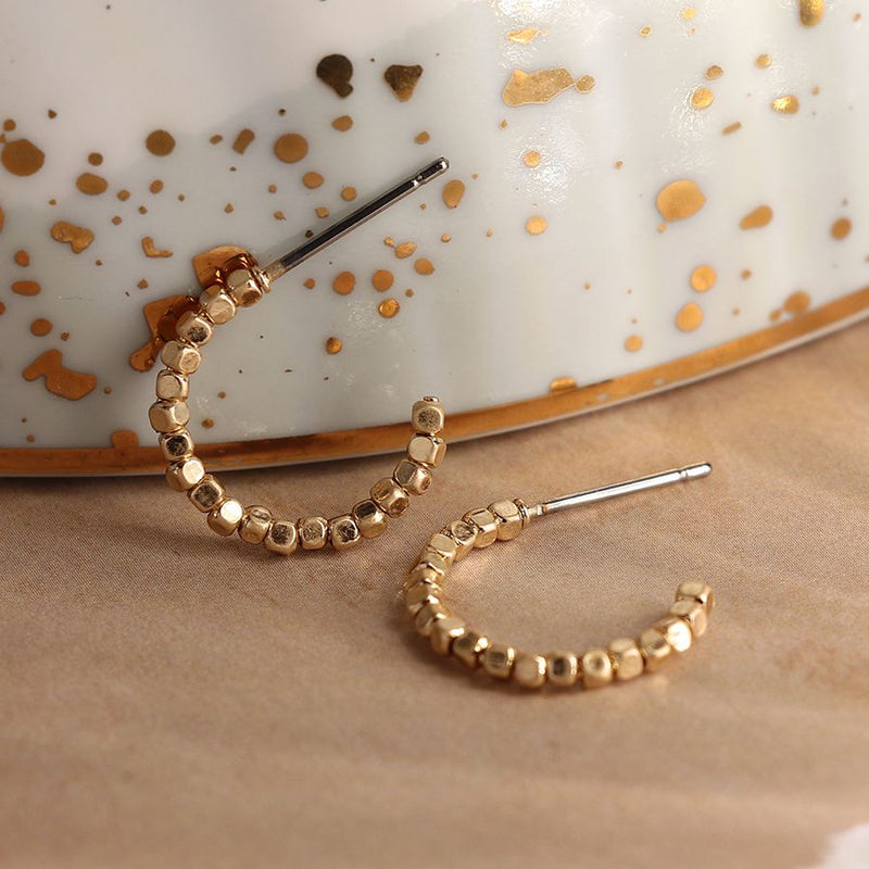 Golden cube beaded open hoop earrings