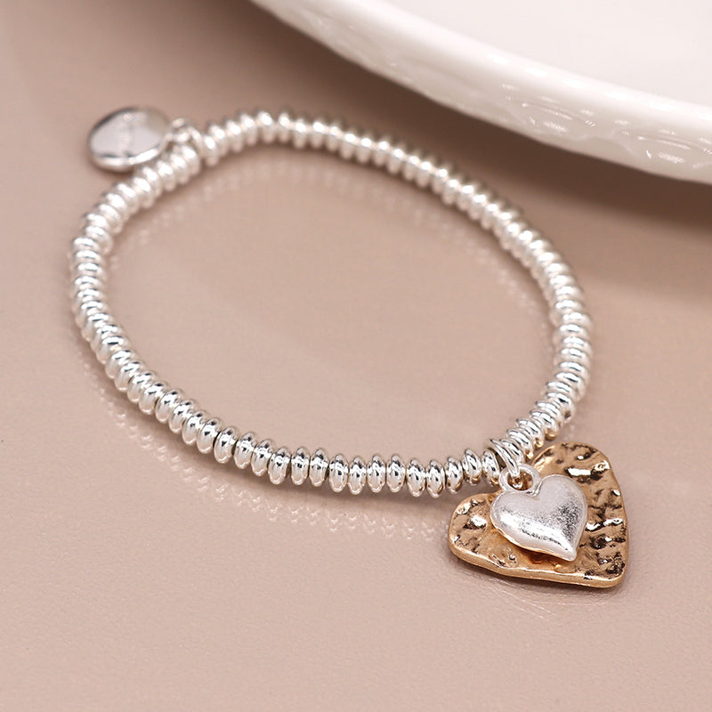 SILVER PLATED BEAD BRACELET WITH GOLDEN HAMMERED HEART AND SILVER PUFF HEART