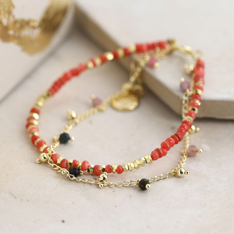 Golden chain and red bead bracelet with Tourmaline