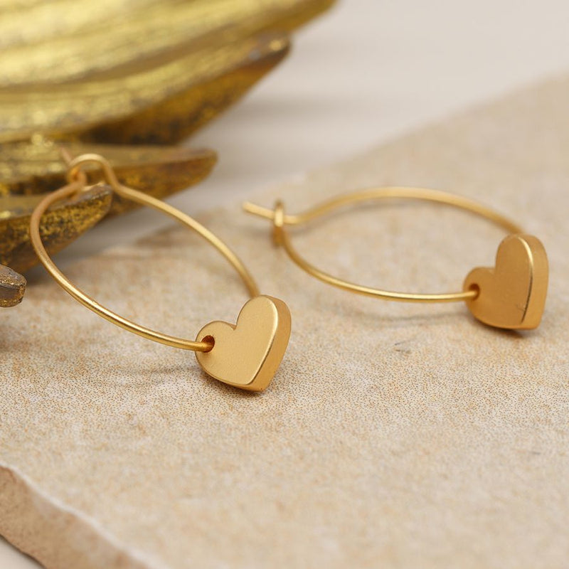 Matt gold fine hoop and smooth heart drop earrings