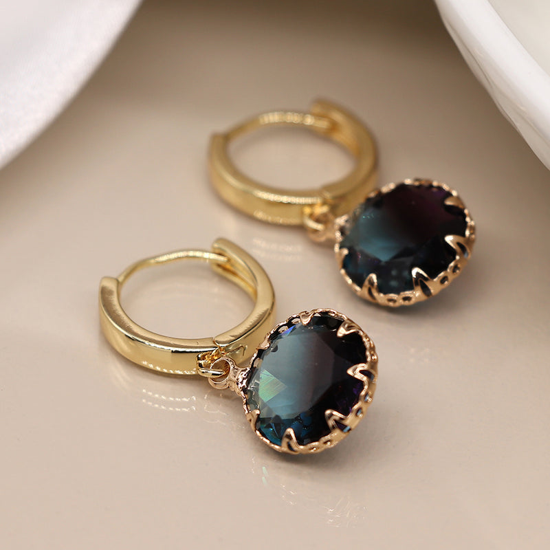 Small Round Smokey Glass Crystal On Gold Hoop Earrings