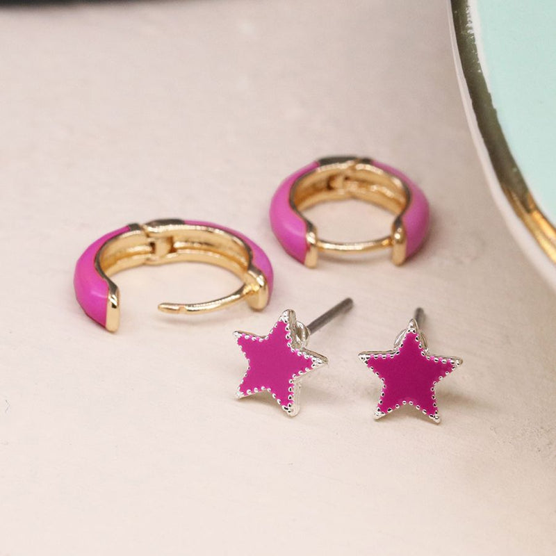 Golden and pink enamel hoop and star earring duo
