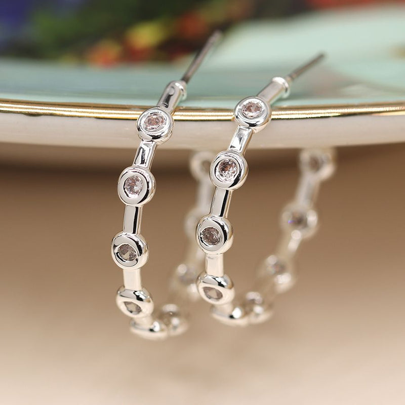 Silver plated open hoop bezel crystal earrings