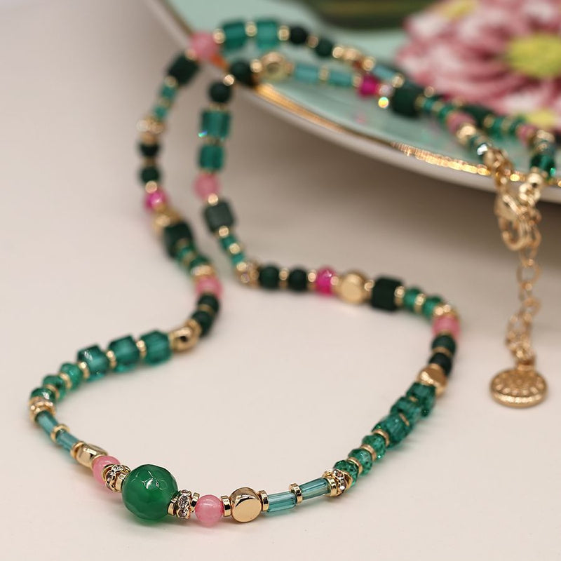 Silver plated multicoloured bezel crystals necklace