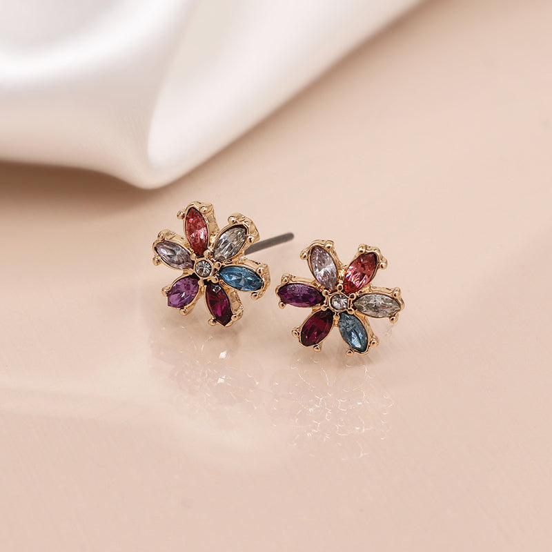 Golden mixed colour crystal flower stud earrings