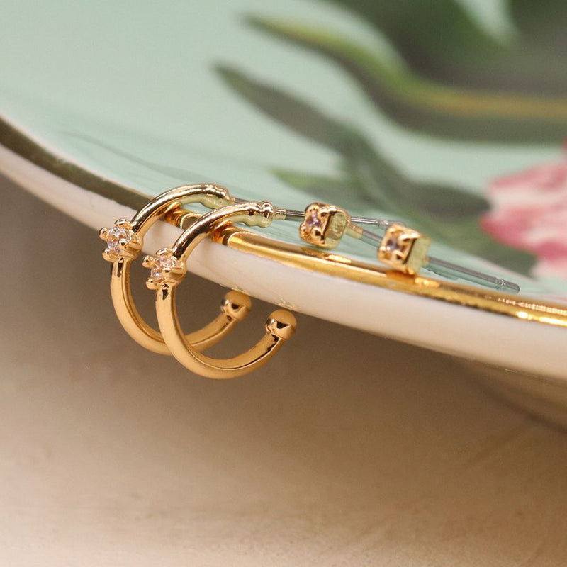 Faux gold plated crystal stud and sleeper hoop duo