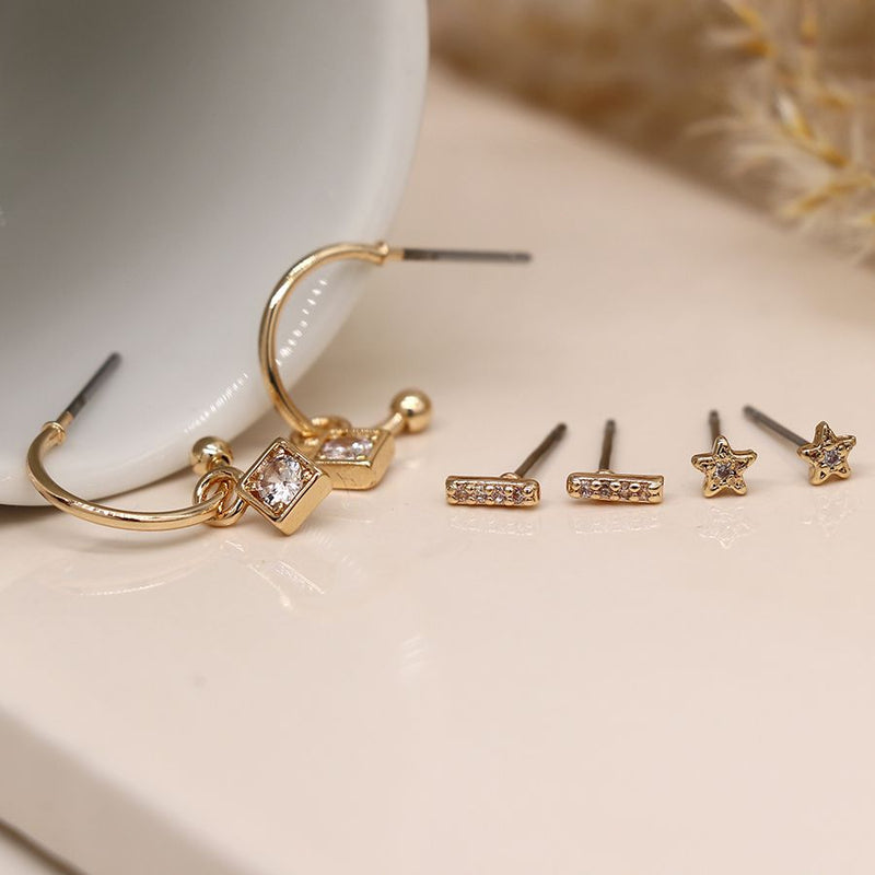 Gold plated triple crystal stud and hoop set