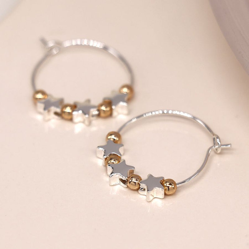Silver plated wire hoop, stars and golden bead earrings