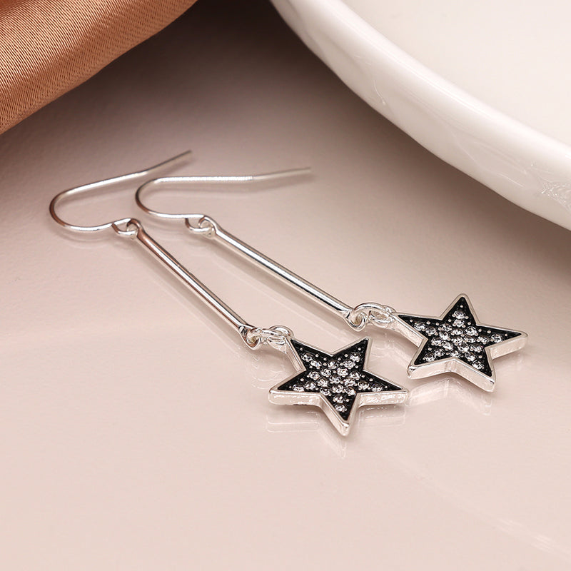 Silver plated bar and sparkle star drop earrings
