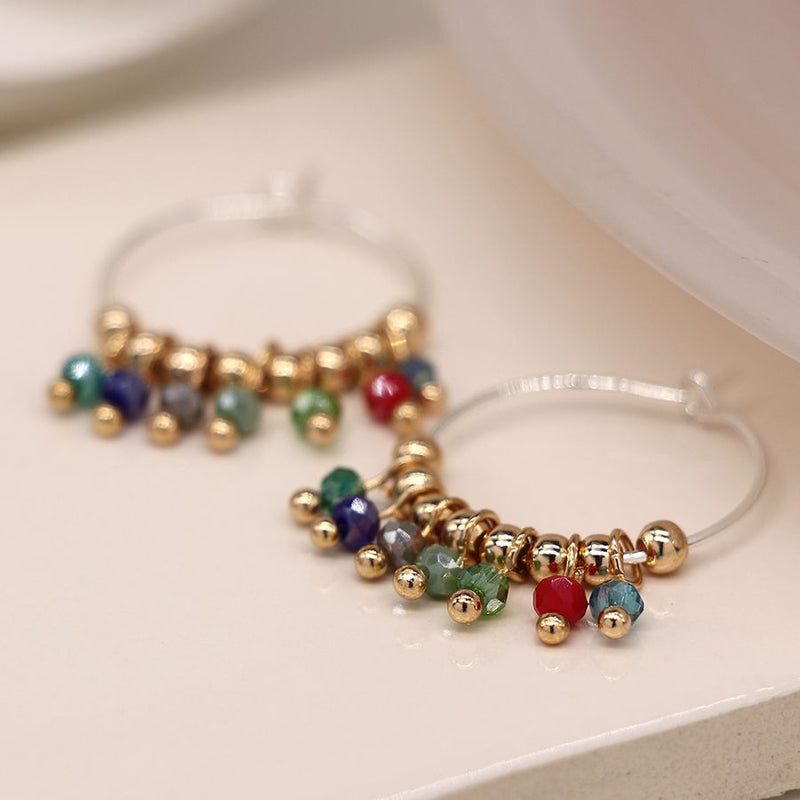 Silver plated hoop and multicoloured bead earrings
