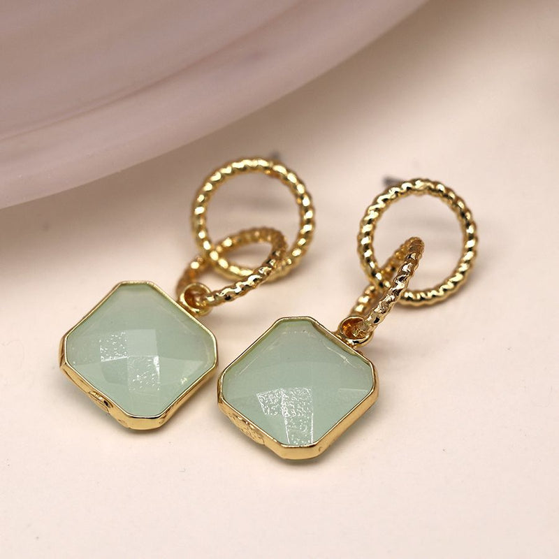 Golden textured hoops and aqua stone earrings