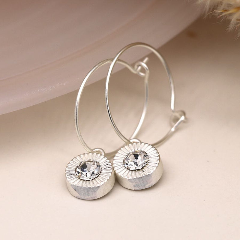 Silver plated wire hoop and embossed crystal drop earrings