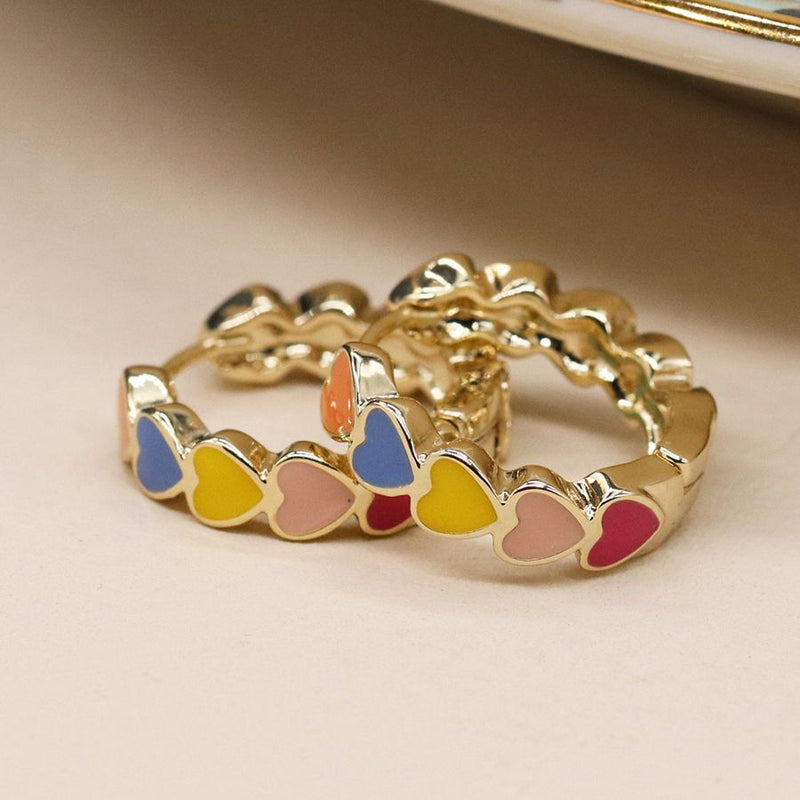 Golden multicoloured enamel heart hoop earrings