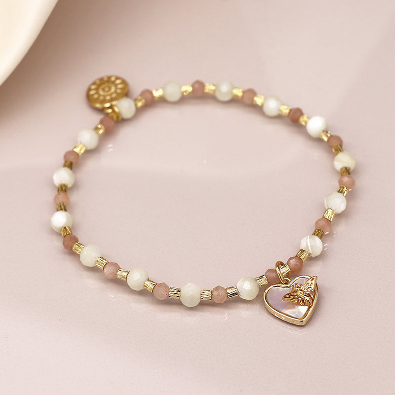 Pink and White Beaded Bracelet with Heart and Bee Charm
