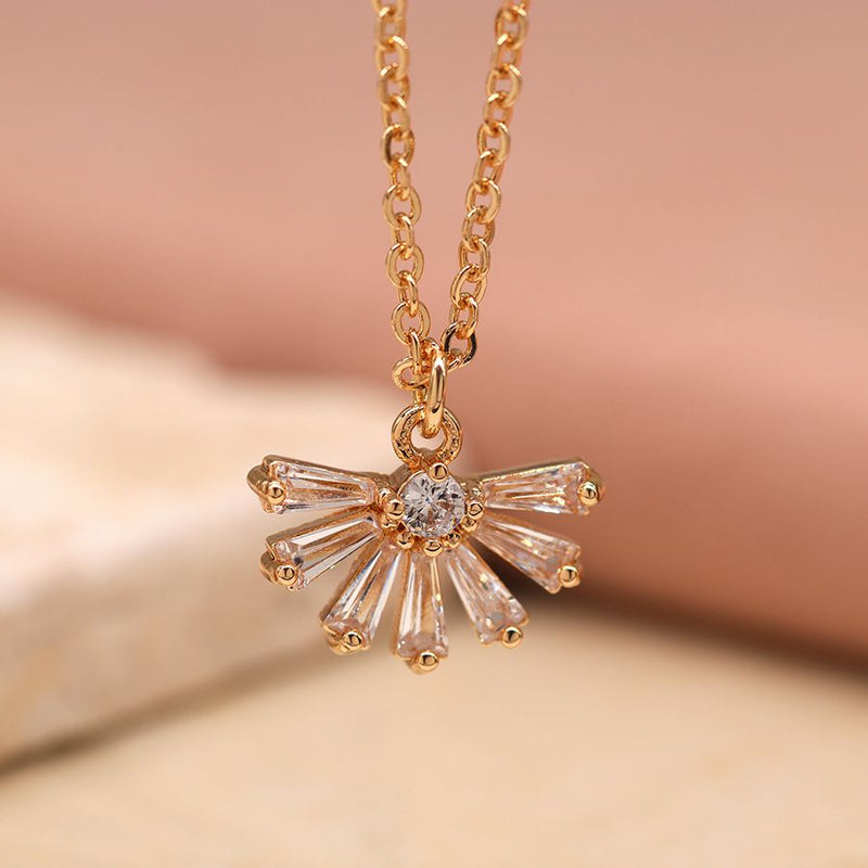 Golden crystal deco fan necklace