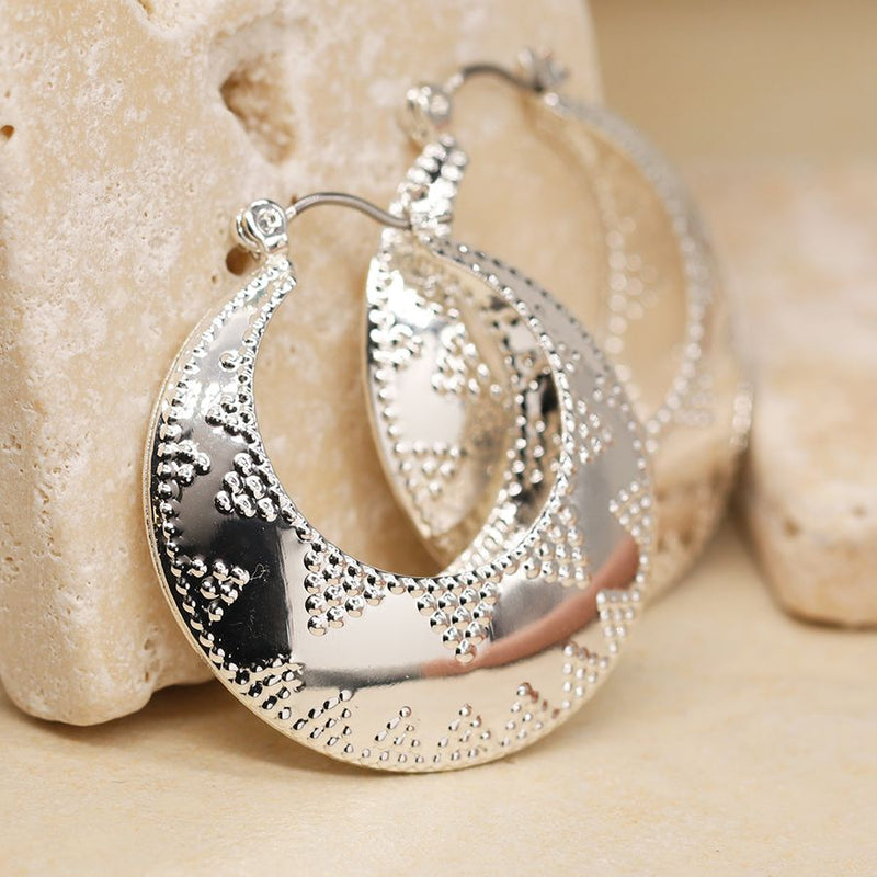 Silver plated embossed dotty zig-zag hoop earrings