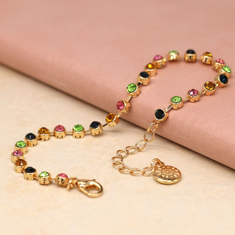 Golden crystal link bracelet in pink and green
