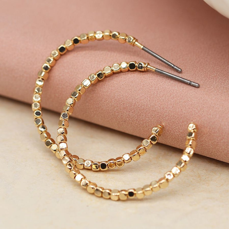 Golden medium size cube bead hoop earrings