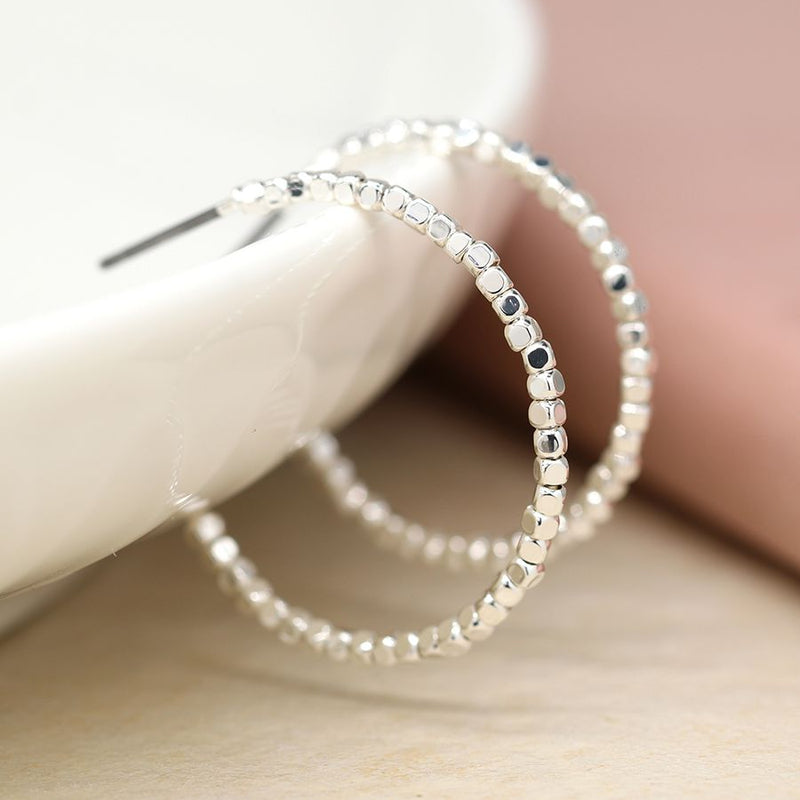 Silver plated medium size cube bead hoop earrings
