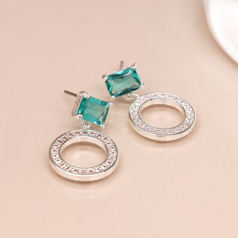Silver plated crystal circle and aqua crystal earrings