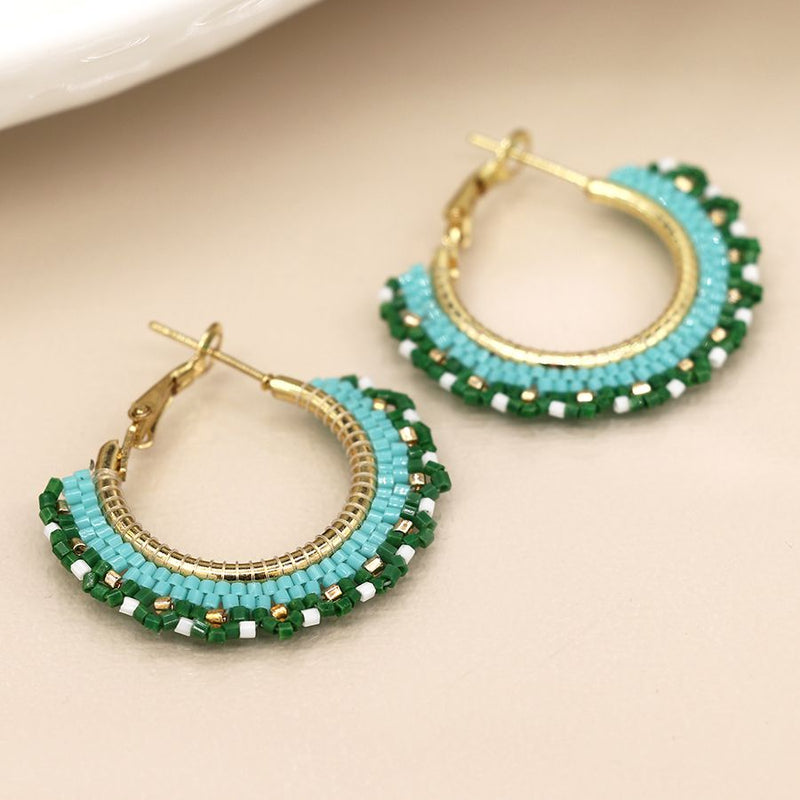 Green mix beaded fan hoop earrings