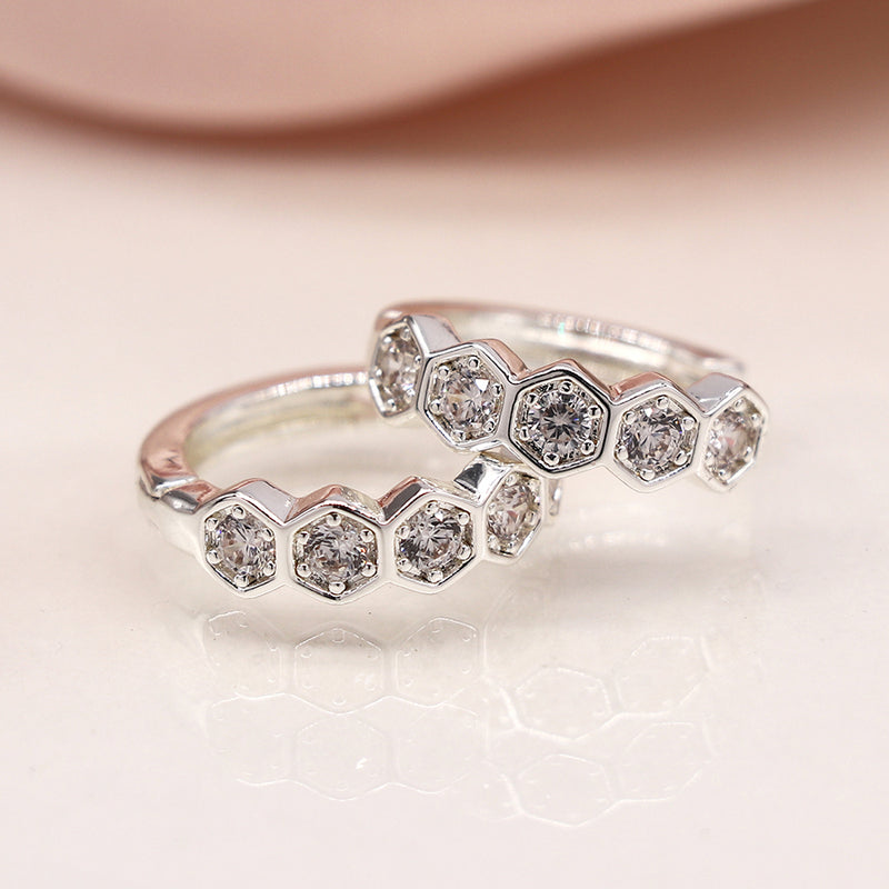 Silver plated huggie hoop earrings with hexagon set crystals
