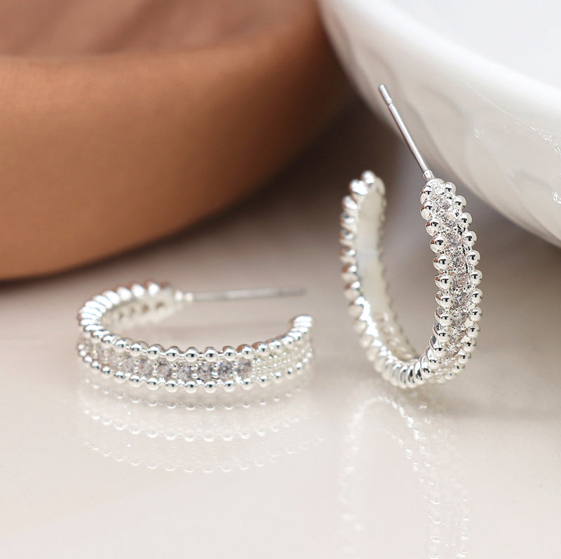 Silver plated hoop stud earrings with crystals and bobble edge