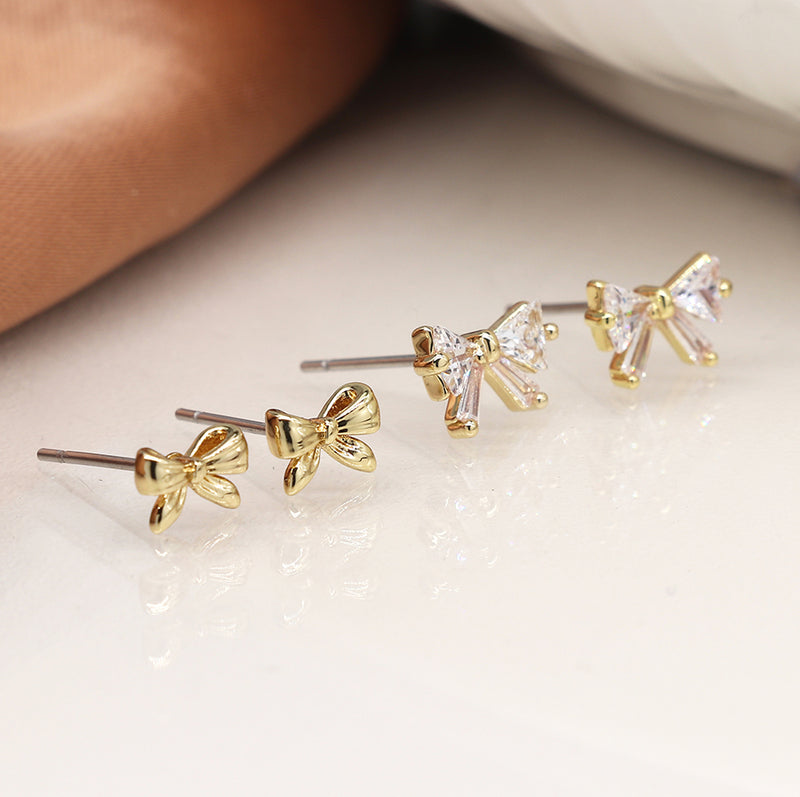 Faux gold bows and crystal bows double stud earring set