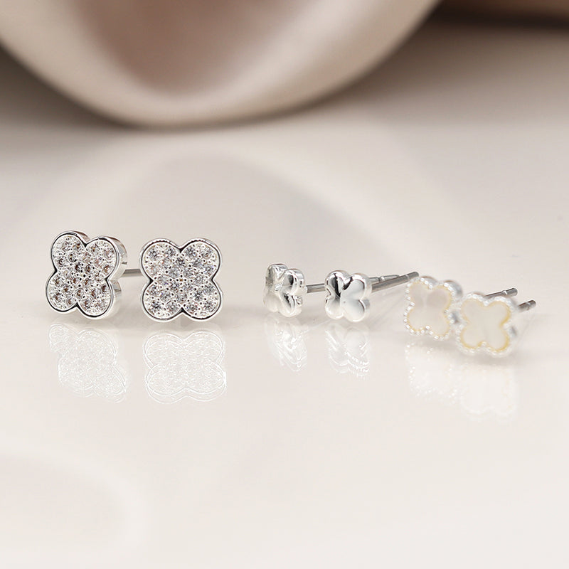 Silver plated triple quatrefoil stud set with crystal and shell
