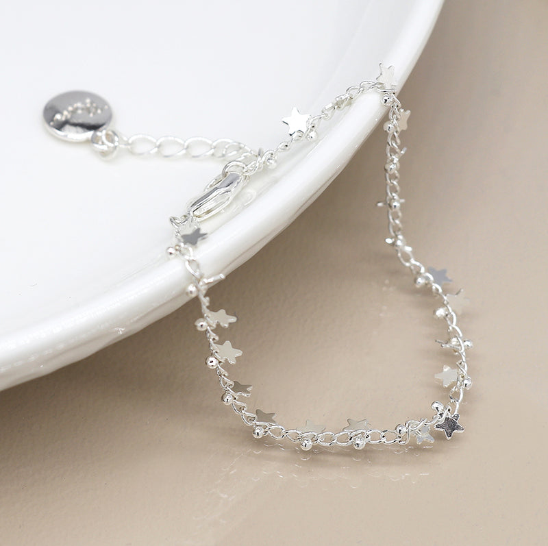 SILVER PLATED MULTI STAR AND TINY BEAD CHAIN BRACELET