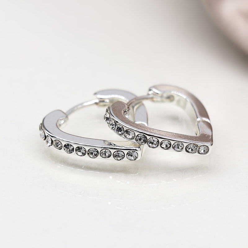 Silver plated crystal edged heart shaped hoop earrings