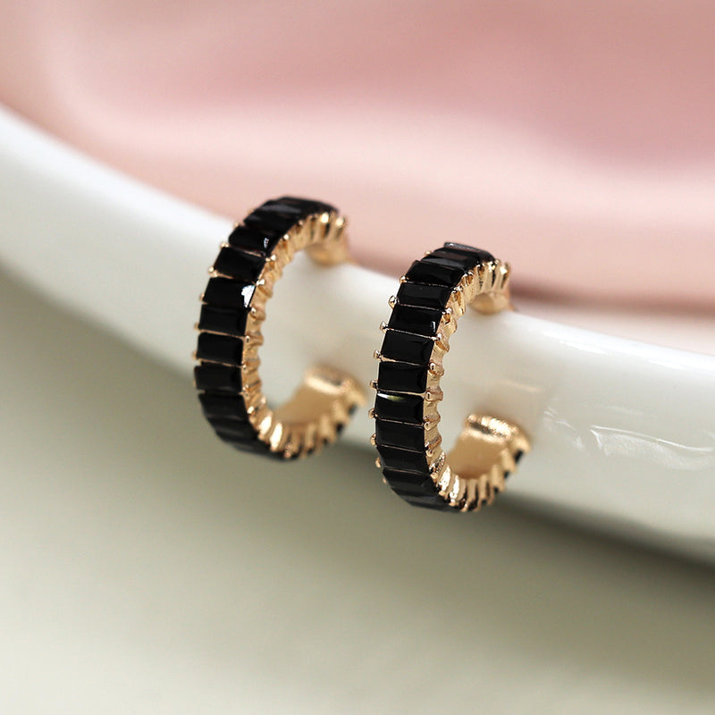 Black Oblong Crystal Hoop Earrings