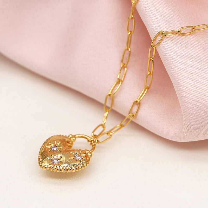 Faux gold textured edge heart lock necklace with three crystals