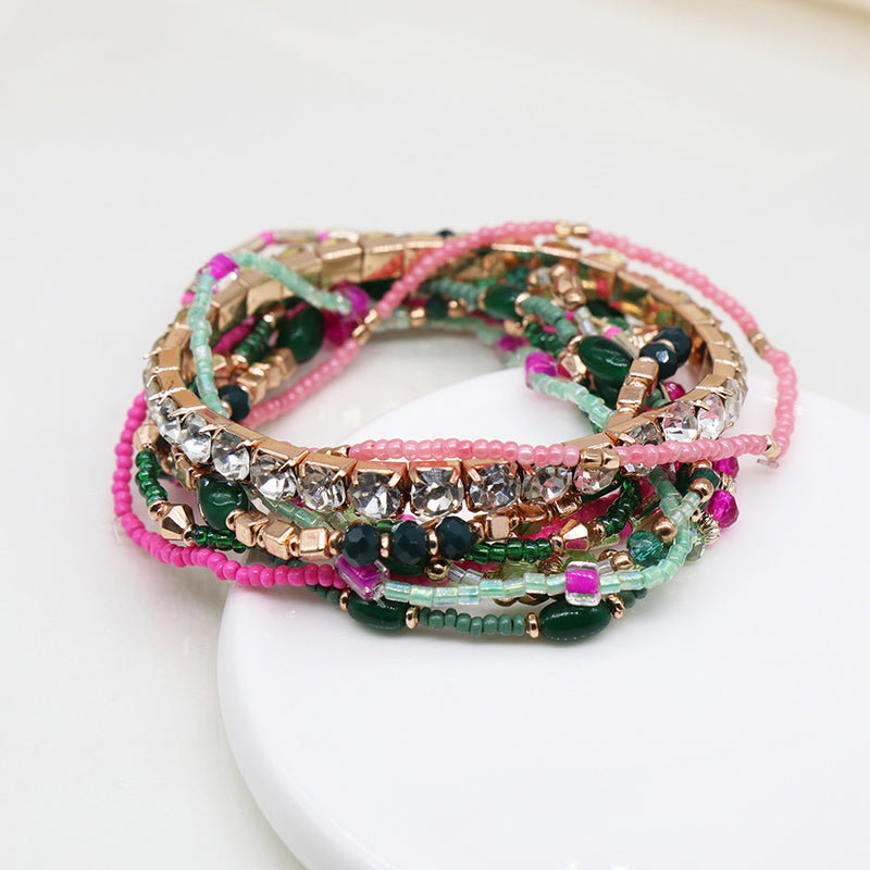 Pink and Green Mix Multi Strand Bracelet Set